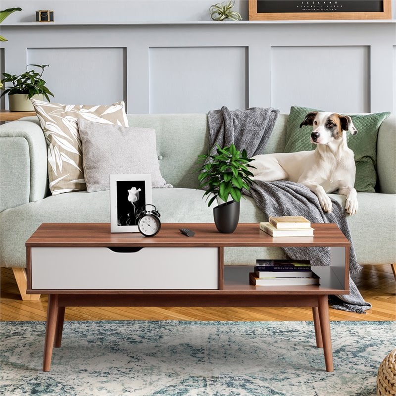 Costway Engineered Wood Coffee Table with Drawer and Storage Shelf in Walnut