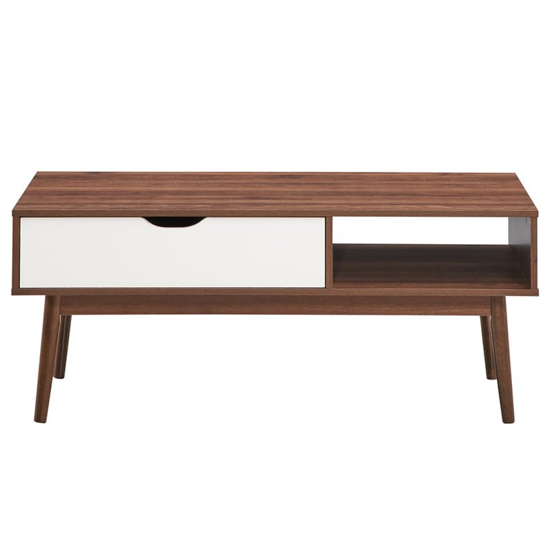 Costway Engineered Wood Coffee Table with Drawer and Storage Shelf in Walnut