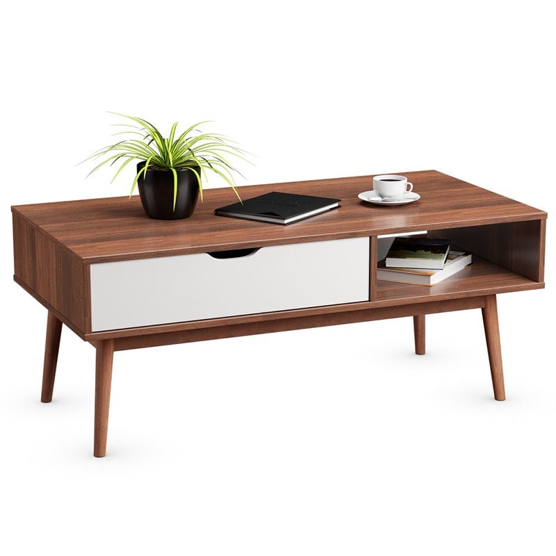 Costway Engineered Wood Coffee Table with Drawer and Storage Shelf in Walnut