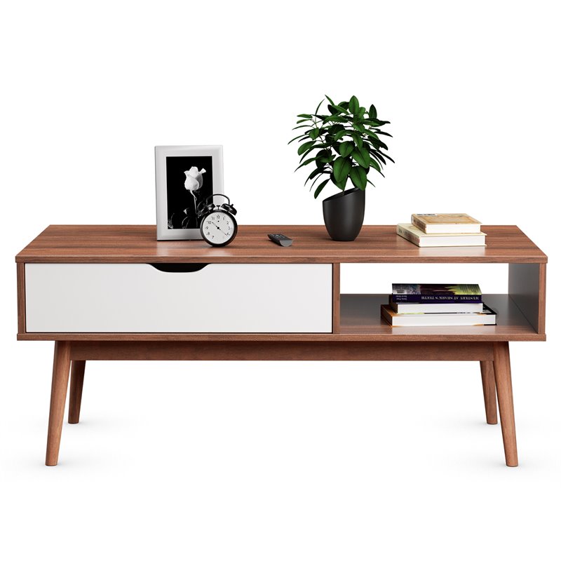 Costway Engineered Wood Coffee Table with Drawer and Storage Shelf in Walnut