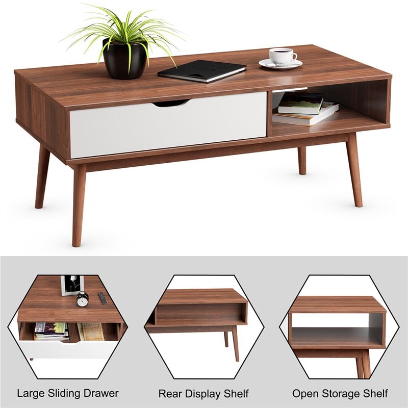 Costway Engineered Wood Coffee Table with Drawer and Storage Shelf in Walnut