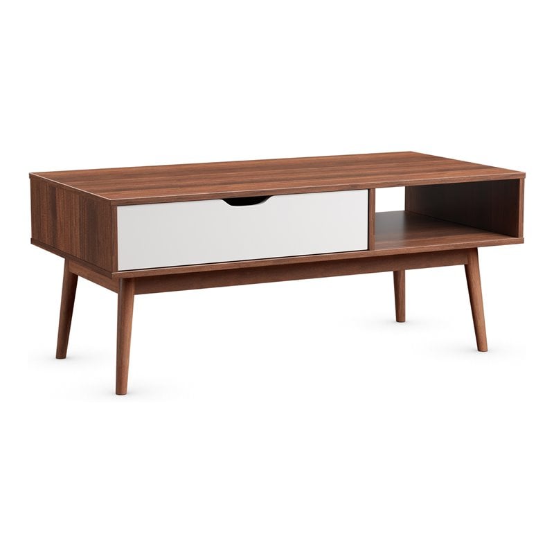 Costway Engineered Wood Coffee Table with Drawer and Storage Shelf in Walnut