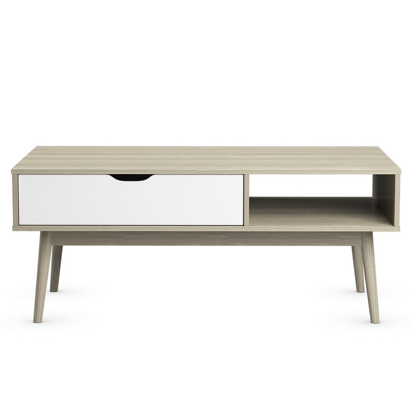 Costway Engineered Wood Coffee Table with Drawer and Storage Shelf in Oak