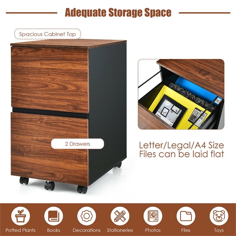 Costway 2-drawer P2 Engineered Wood Rolling Mobile Filing Cabinet in Brown