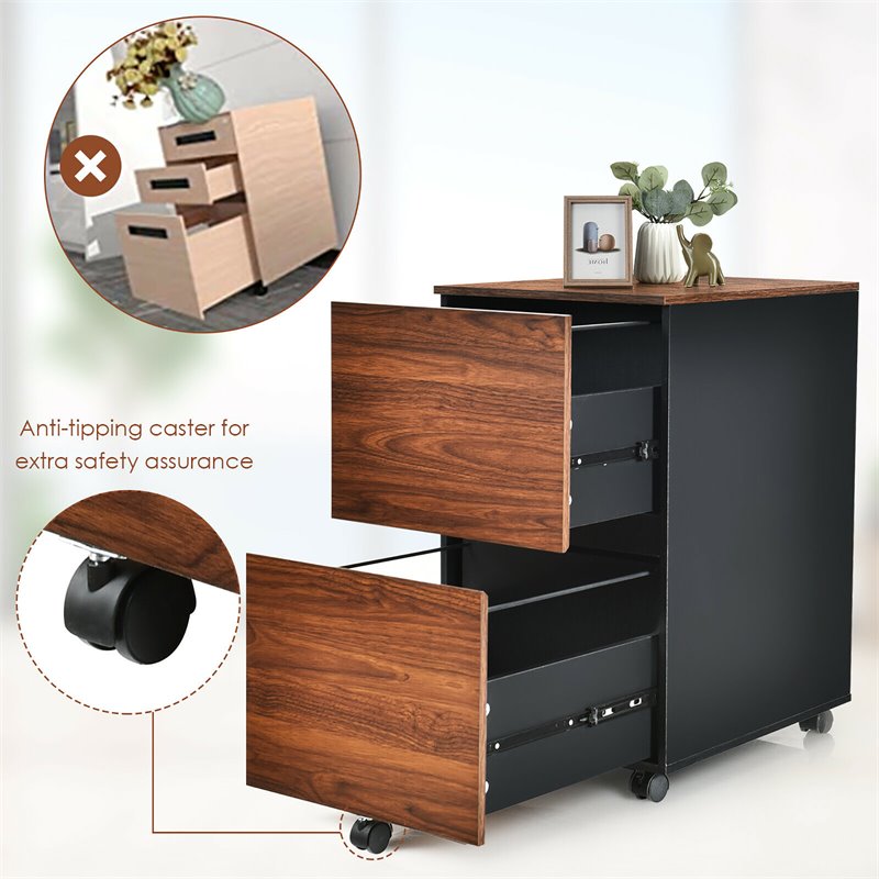 Costway 2-drawer P2 Engineered Wood Rolling Mobile Filing Cabinet in Brown