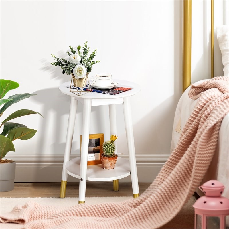 Costway Round Home Decor Accent Side End Table with Storage Shelf in White