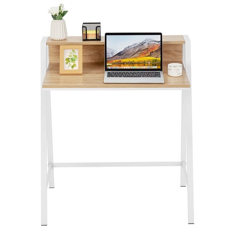 Costway 2-tier Contemporary Engineered Wood Computer Desk in Natural