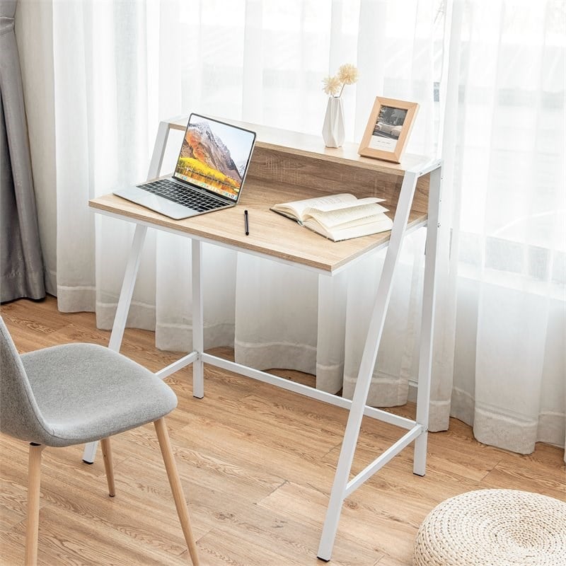 Costway 2-tier Contemporary Engineered Wood Computer Desk in Natural