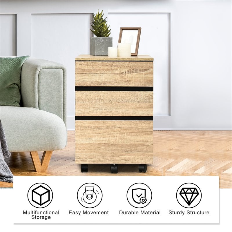 Costway 3-drawer P2 Engineered Wood Vertical Mobile Filling Cabinet in Natural