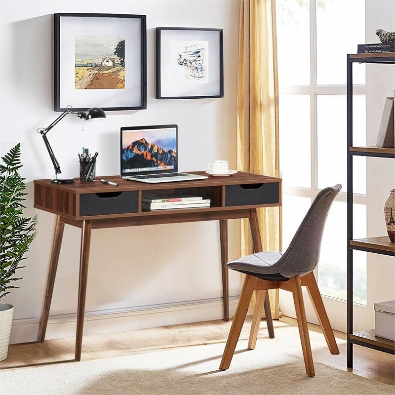 Costway Contemporary Engineered Wood Computer Desk with Drawers in Walnut