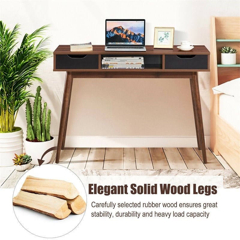 Costway Contemporary Engineered Wood Computer Desk with Drawers in Walnut