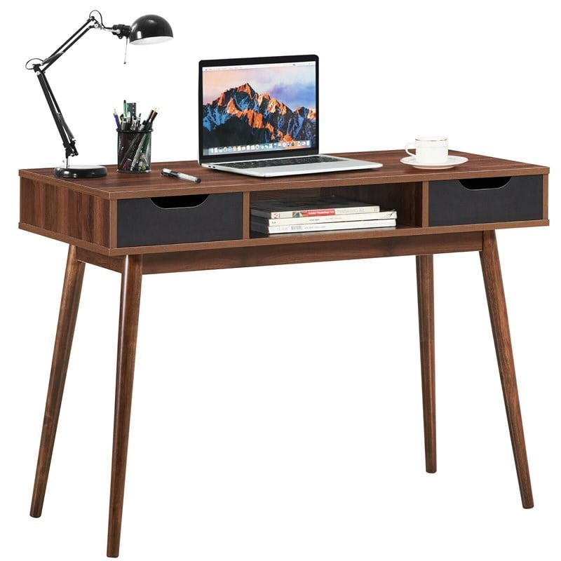 Costway Contemporary Engineered Wood Computer Desk with Drawers in Walnut