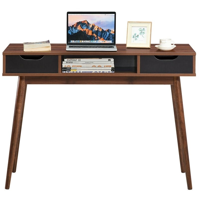 Costway Contemporary Engineered Wood Computer Desk with Drawers in Walnut