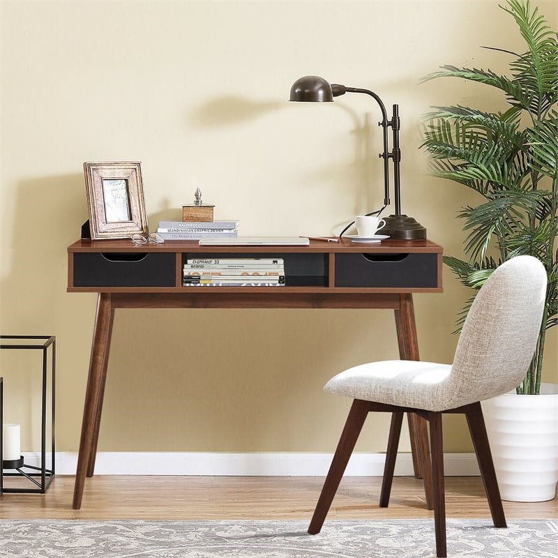 Costway Contemporary Engineered Wood Computer Desk with Drawers in Walnut