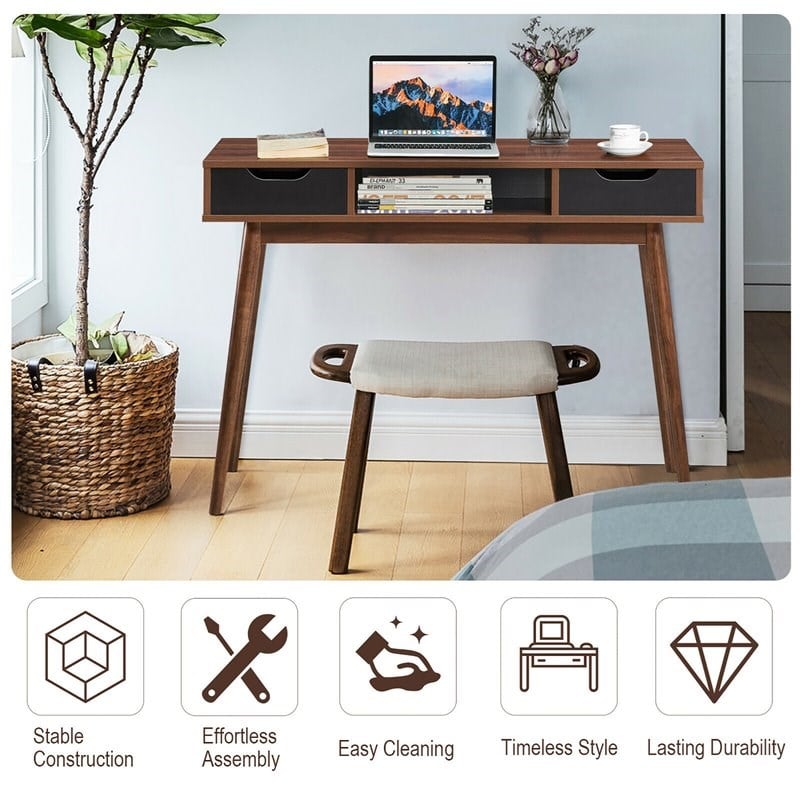 Costway Contemporary Engineered Wood Computer Desk with Drawers in Walnut