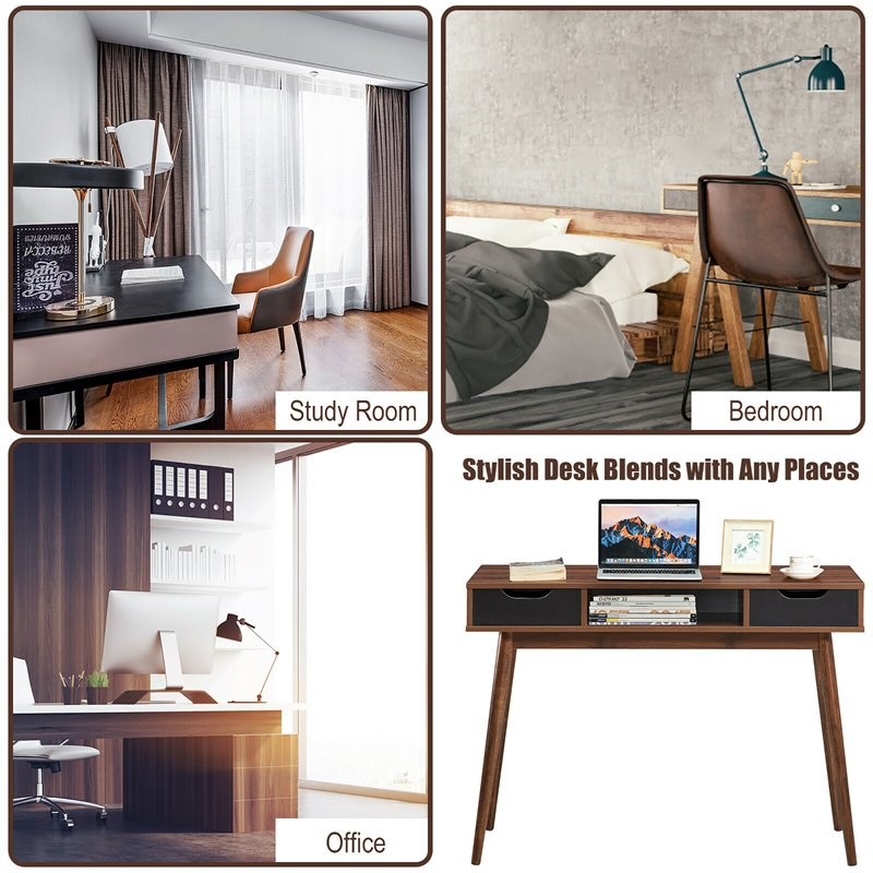 Costway Contemporary Engineered Wood Computer Desk with Drawers in Walnut
