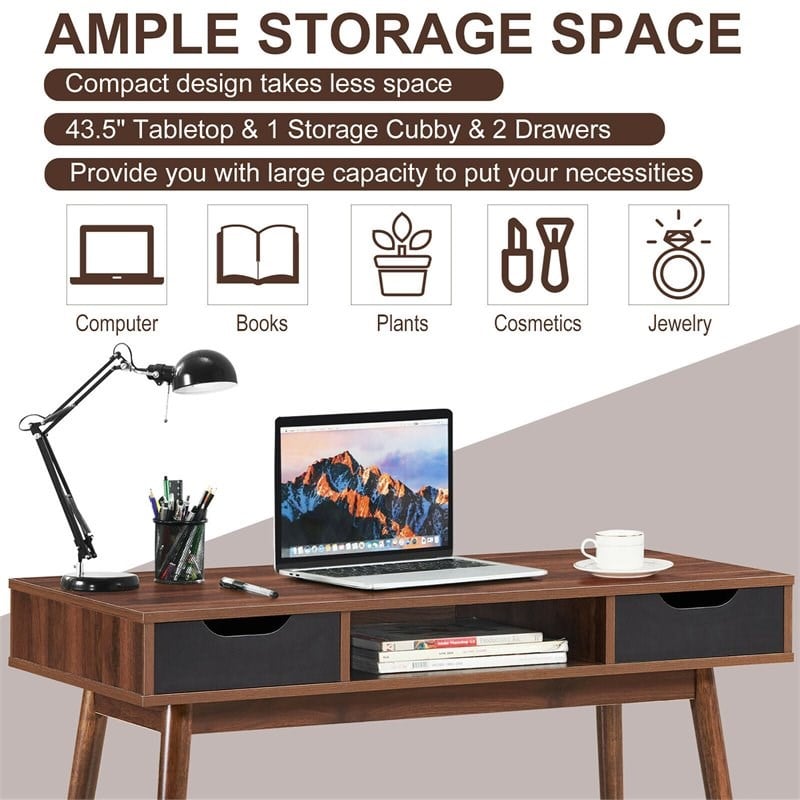 Costway Contemporary Engineered Wood Computer Desk with Drawers in Walnut