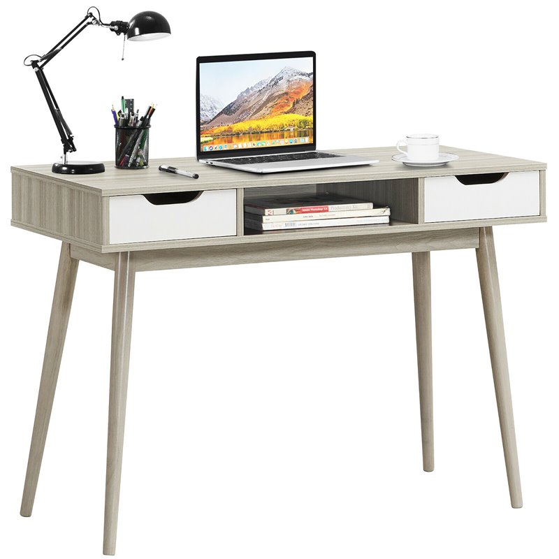 Costway Contemporary Engineered Wood Computer Desk with Drawers in Oak