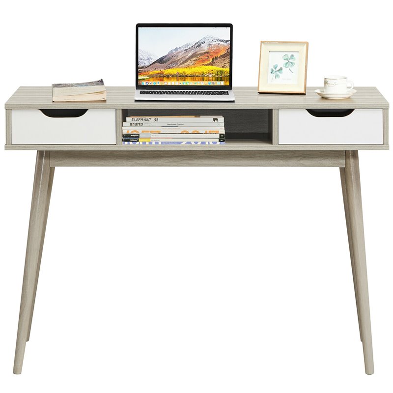 Costway Contemporary Engineered Wood Computer Desk with Drawers in Oak