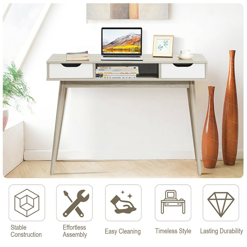 Costway Contemporary Engineered Wood Computer Desk with Drawers in Oak
