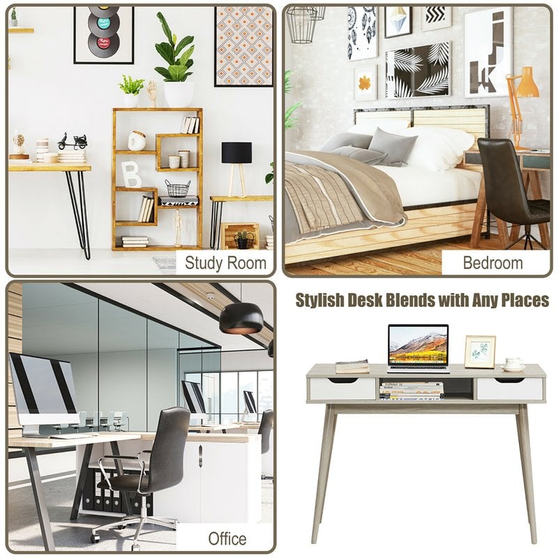 Costway Contemporary Engineered Wood Computer Desk with Drawers in Oak
