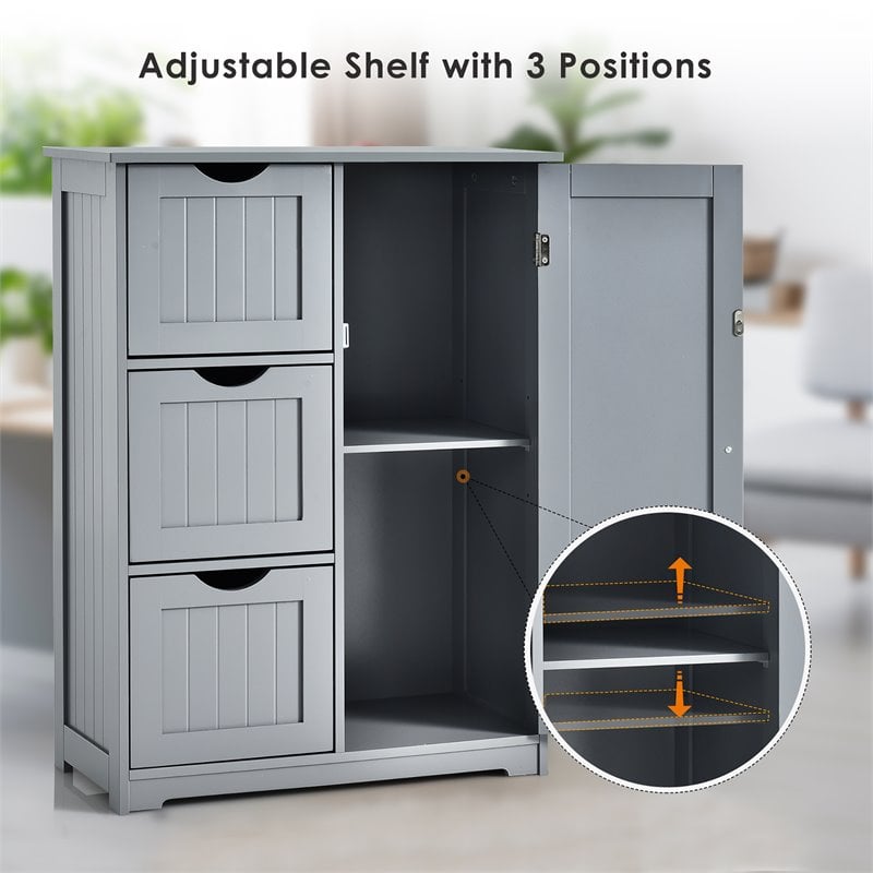 Costway Bathroom Floor Side Storage Cabinet with 3 Drawers & 1 Cupboard in Gray