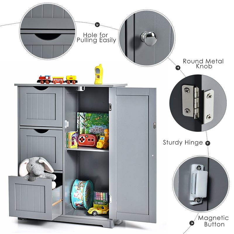 Costway Bathroom Floor Side Storage Cabinet with 3 Drawers & 1 Cupboard in Gray