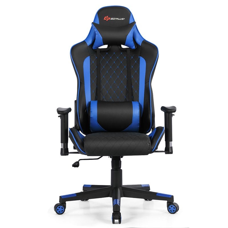 Costway Faux Leather Massage Gaming Chair with Lumbar Support & Headrest in Blue