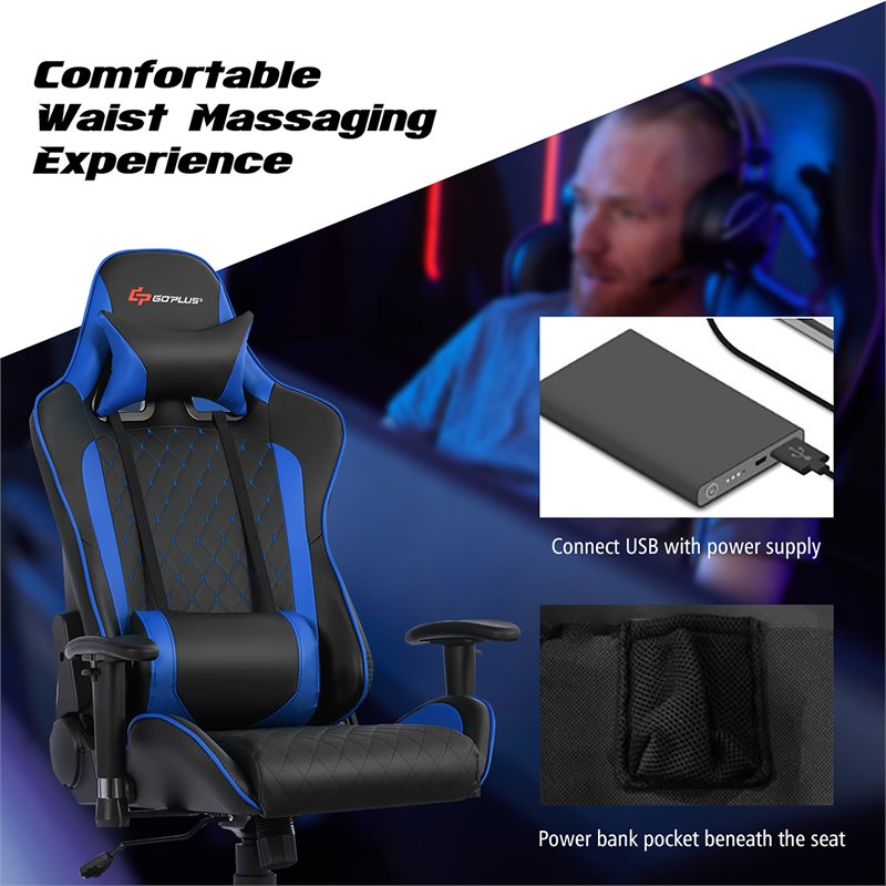 PU Leather Gaming Chair with USB Massage Lumbar Pillow and