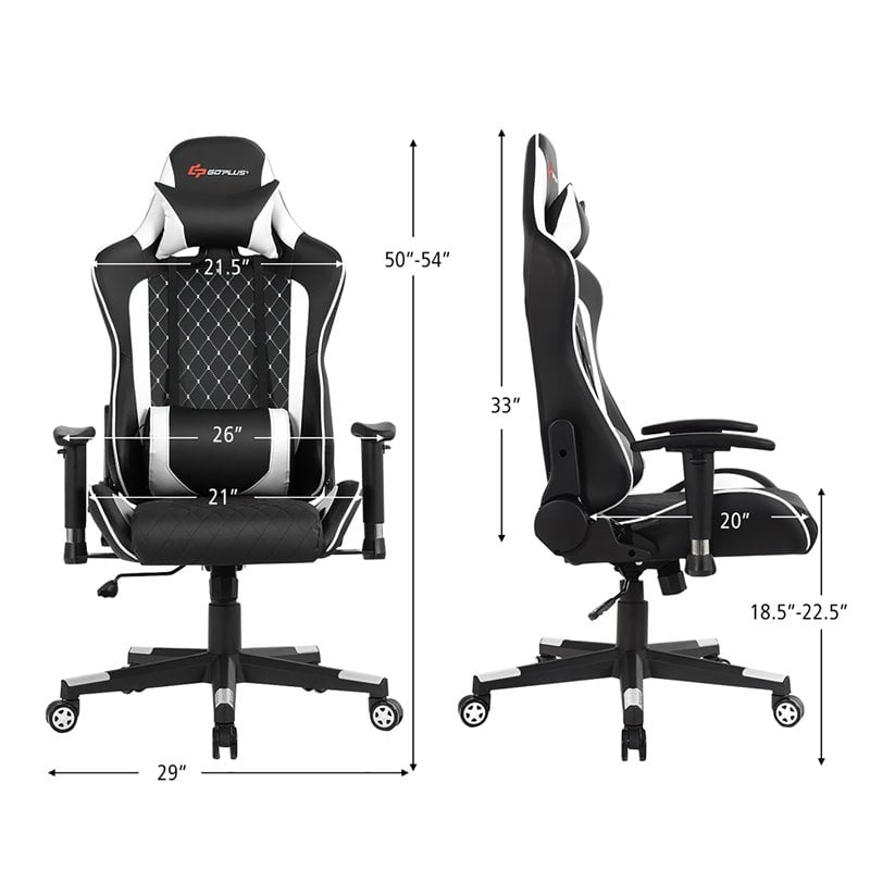 Costway Faux Leather Massage Gaming Chair w/ Lumbar Support & Headrest in White