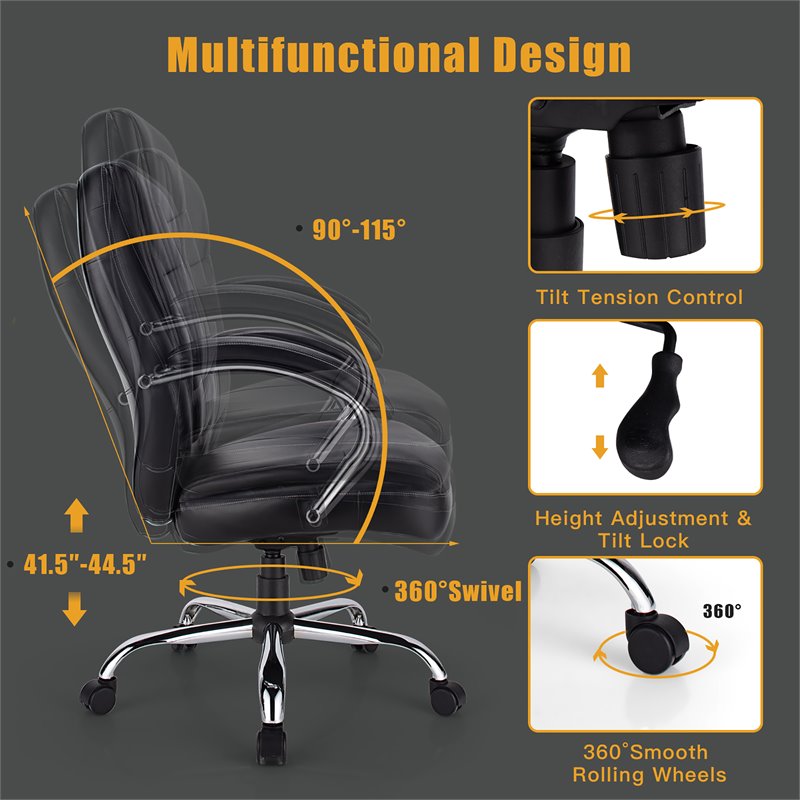 Costway PU and PVC Big & Tall Adjustable High Back 500 LBS Office Chair in Black