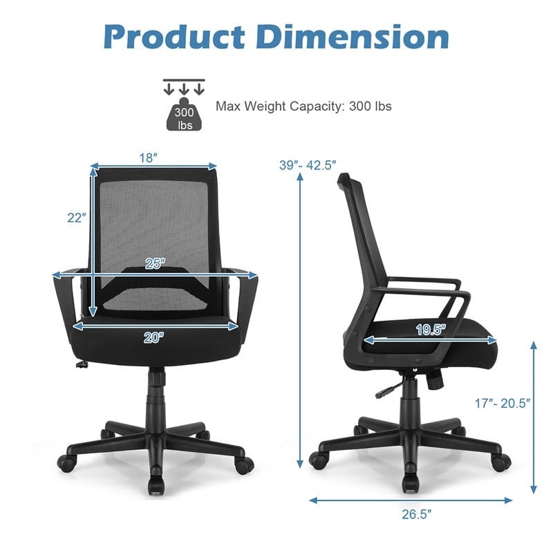 Costway Sponge Adjustable Height Home Office Chair with Lumbar Support in Black