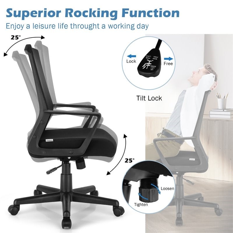 Costway Sponge Adjustable Height Home Office Chair with Lumbar Support in Black