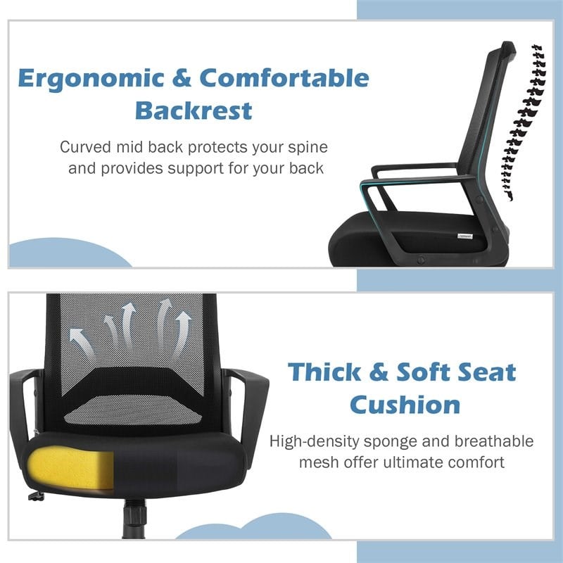 Costway Sponge Adjustable Height Home Office Chair with Lumbar Support in Black