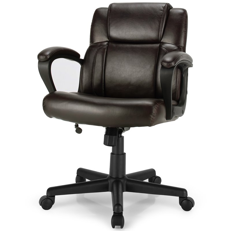 Costway Faux Leather Adjustable Executive Office Chair with Armrest in Brown