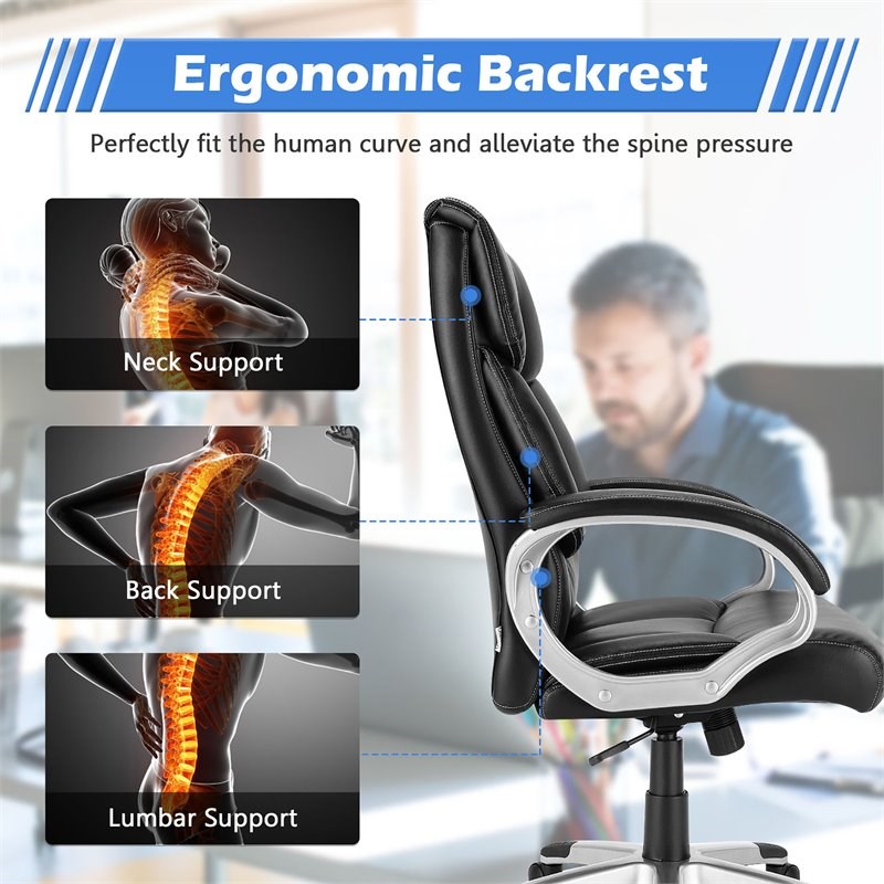 Costway Faux Leather High Back Adjustable Executive Computer Desk Chair in Black