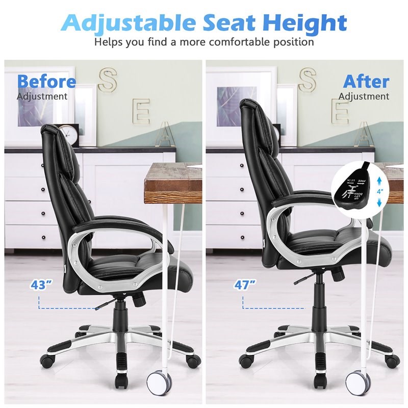 Costway Faux Leather High Back Adjustable Executive Computer Desk Chair in Black