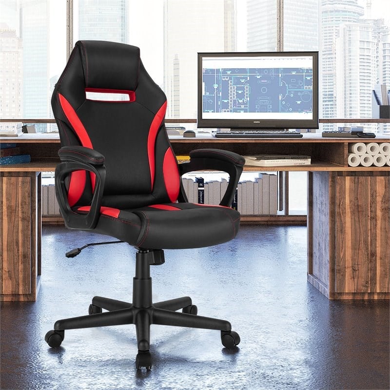 Costway PVC and Sponge High Back Adjustable Swivel Gaming Chair in Red
