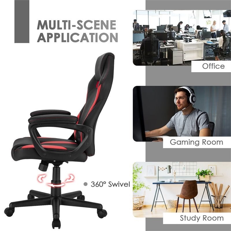 Costway PVC and Sponge High Back Adjustable Swivel Gaming Chair in Red