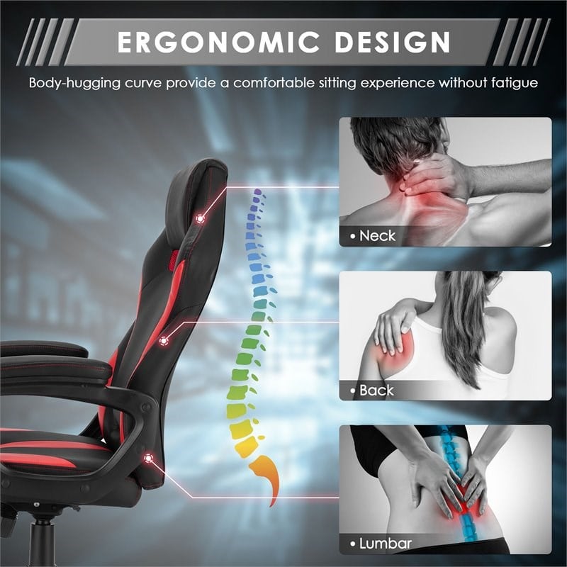 Costway PVC and Sponge High Back Adjustable Swivel Gaming Chair in Red