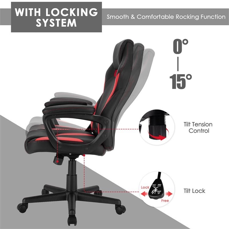 Costway PVC and Sponge High Back Adjustable Swivel Gaming Chair in Red