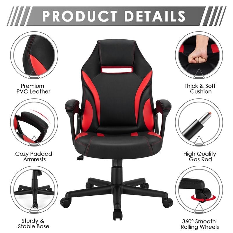 Costway PVC and Sponge High Back Adjustable Swivel Gaming Chair in Red