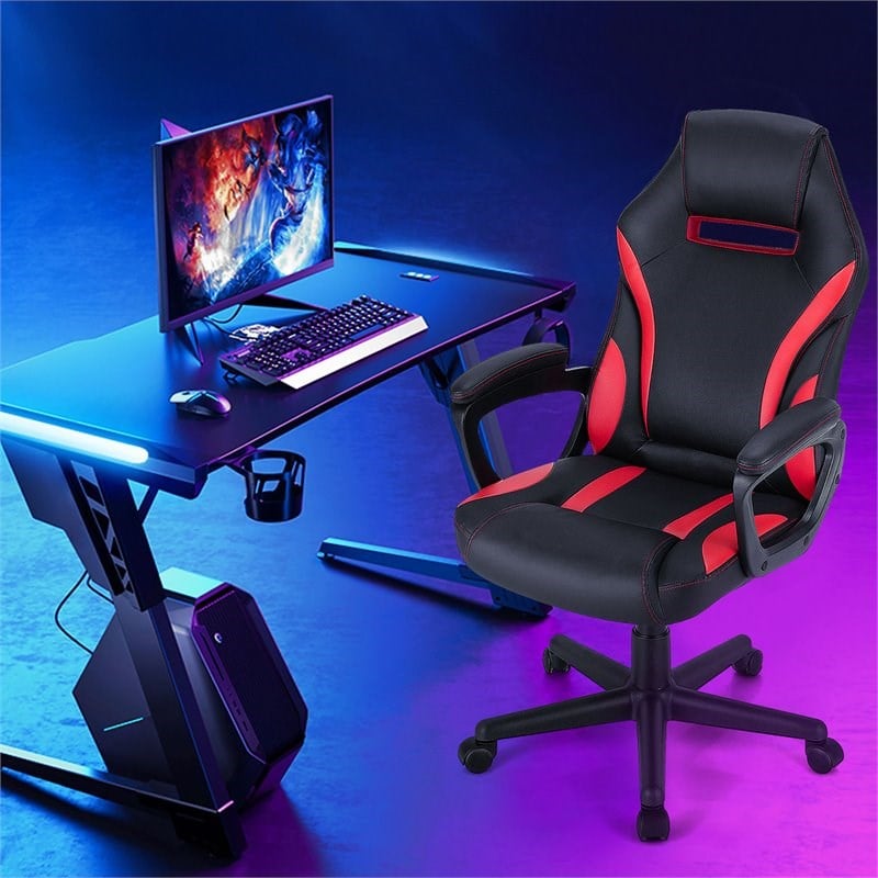 Costway PVC and Sponge High Back Adjustable Swivel Gaming Chair in Red