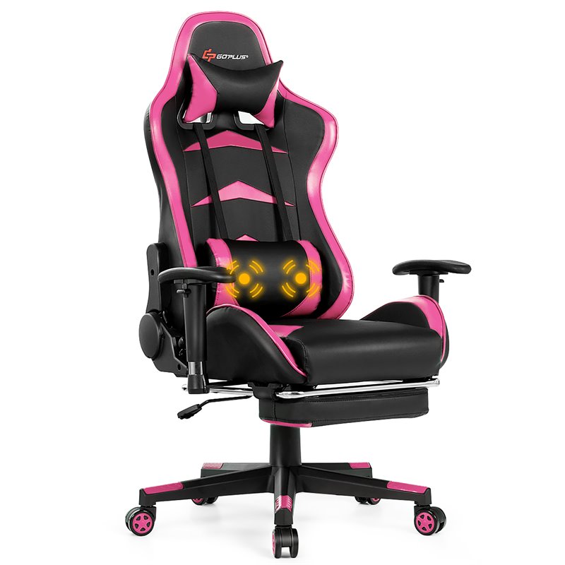 Costway Faux Leather Swivel Massage Gaming Chair with Footrest in Pink