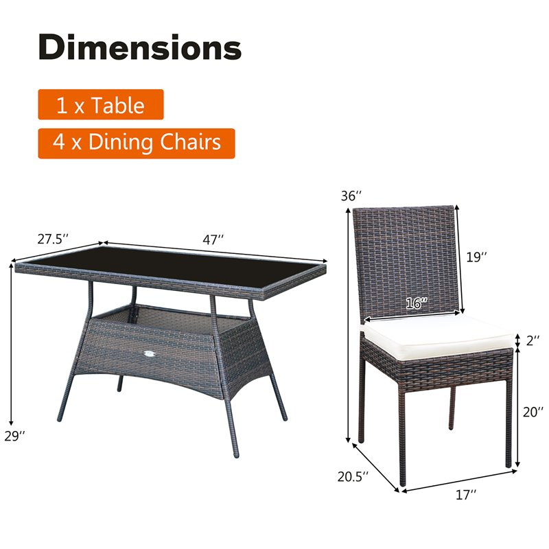 Costway 5-piece Rattan and Steel Patio Dining Set with High Back Chair in Brown