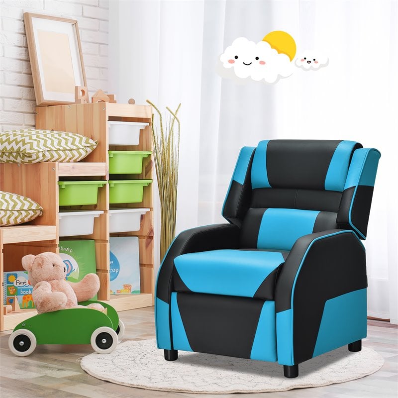 Costway Headrest & Footrest PU Leather Kids Youth Gaming Sofa Recliner in Blue