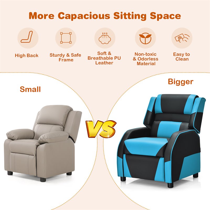 Costway Headrest & Footrest PU Leather Kids Youth Gaming Sofa Recliner in Blue