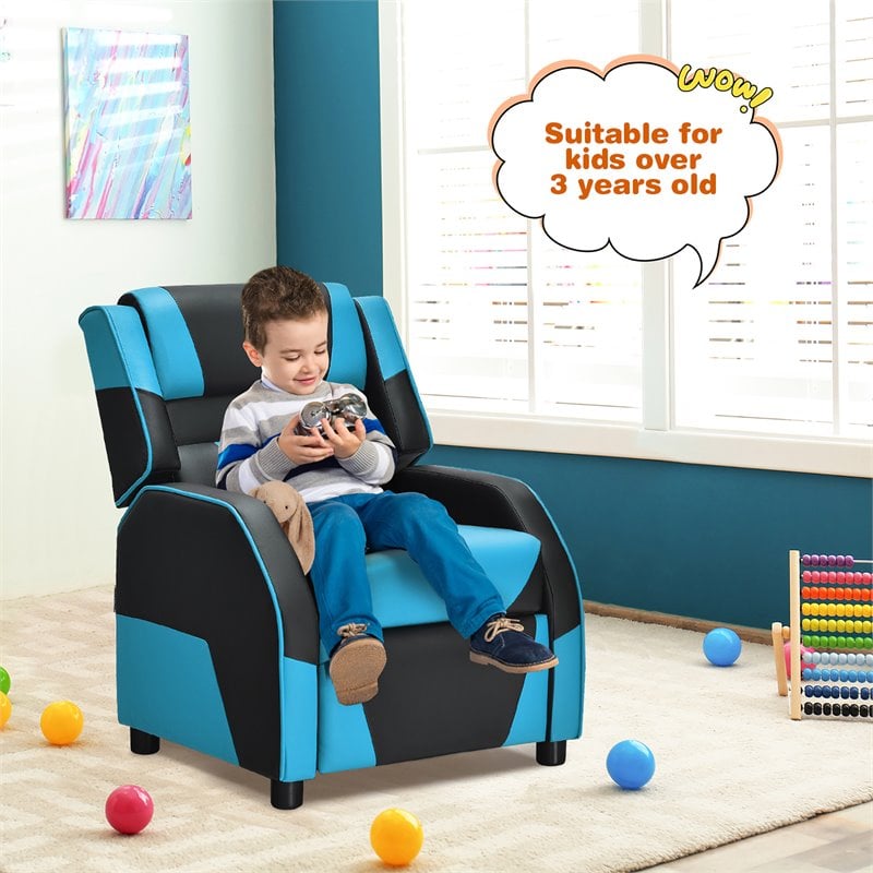 Costway Headrest & Footrest PU Leather Kids Youth Gaming Sofa Recliner in Blue