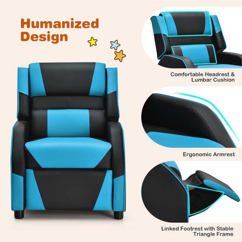 Costway Headrest & Footrest PU Leather Kids Youth Gaming Sofa Recliner in Blue