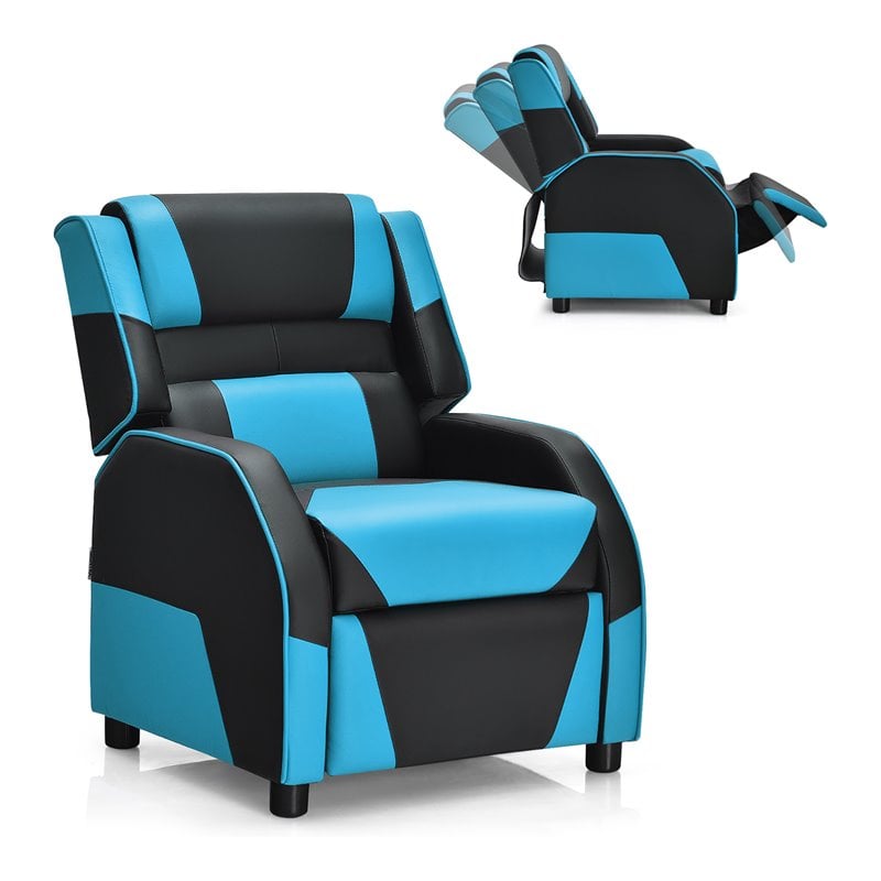Costway Headrest & Footrest PU Leather Kids Youth Gaming Sofa Recliner in Blue